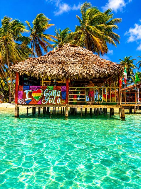 Cabin over the water with a painted wall
